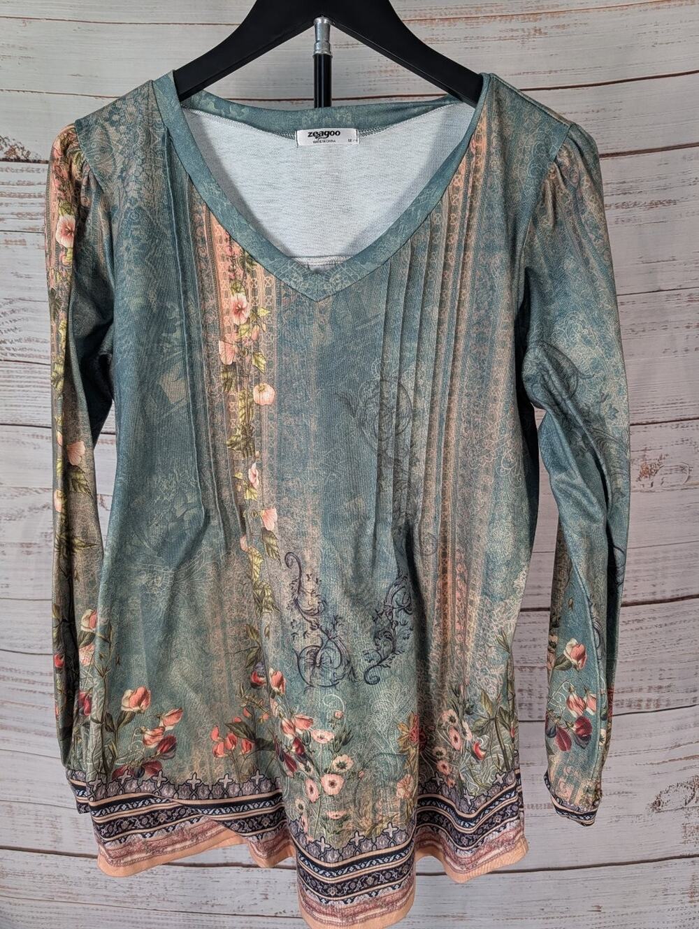 Zeagoo Pintuck Blouse Womens Medium Sage Green Tapestry Floral Bohemian Top